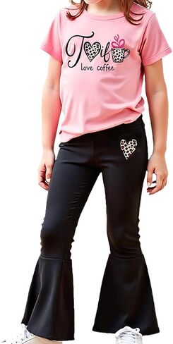 Girls 2 Piece Outfits Graphic pullover and Flare Leg Pants - Stylish and Comfortable 3-9 Years (140,P8389) in Saudi Arabia