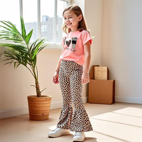 Girls 2 Piece Outfits Graphic pullover and Flare Leg Pants - Stylish and Comfortable 3-9 Years (140,P8389) in Saudi Arabia
