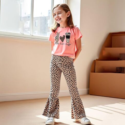 Girls 2 Piece Outfits Graphic pullover and Flare Leg Pants - Stylish and Comfortable 3-9 Years (140,P8389) in Saudi Arabia