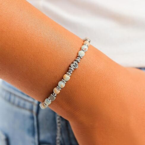 Initial Beaded Bracelets for Women Silver Heart Initial Boho Bracelet Letter A-Z Charm Handmade Ball Bead Bracelet Trendy Jewelry Gifts for Mom Lover Friends in Kuwait