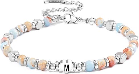 Initial Beaded Bracelets for Women Silver Heart Initial Boho Bracelet Letter A-Z Charm Handmade Ball Bead Bracelet Trendy Jewelry Gifts for Mom Lover Friends in Kuwait