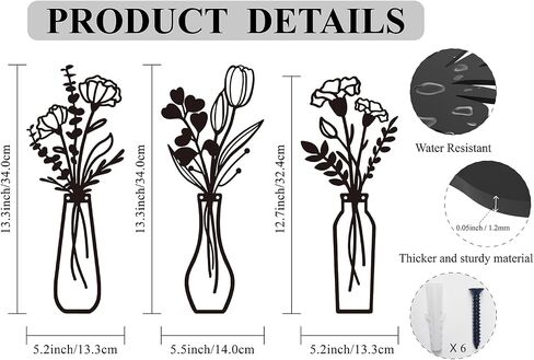 Metal Flowers Wall Arts 3 Pieces Black Metal Wall Decor Minimalist Art Wall Decor for Indoor Bedroom Living Room Bathroom Kitchen. (black1) in Saudi Arabia