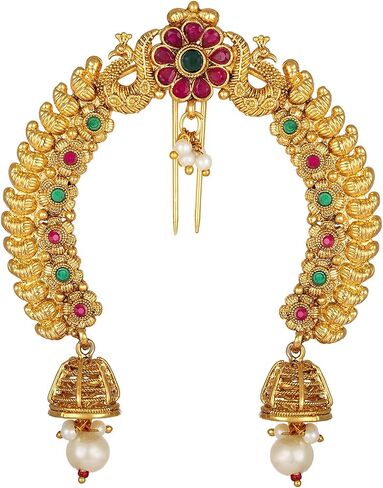 Aheli Faux Kundan Pearl Antique Gold Tone Peacock Design Crafted Indian Hair Brooch Pin Hanging Style Fashion Accessories Ethnic Wedding Jewelry Gift for Women in Saudi Arabia