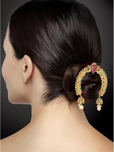 Aheli Faux Kundan Pearl Antique Gold Tone Peacock Design Crafted Indian Hair Brooch Pin Hanging Style Fashion Accessories Ethnic Wedding Jewelry Gift for Women in Saudi Arabia