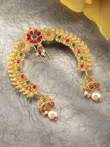 Aheli Faux Kundan Pearl Antique Gold Tone Peacock Design Crafted Indian Hair Brooch Pin Hanging Style Fashion Accessories Ethnic Wedding Jewelry Gift for Women in Saudi Arabia