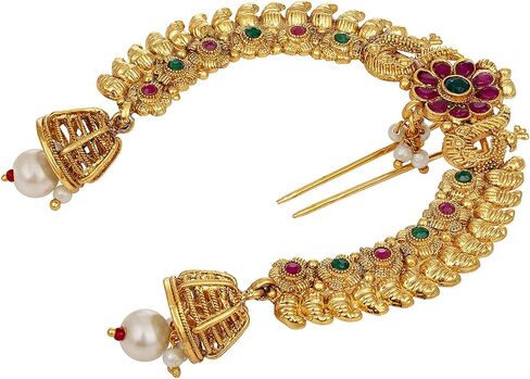 Aheli Faux Kundan Pearl Antique Gold Tone Peacock Design Crafted Indian Hair Brooch Pin Hanging Style Fashion Accessories Ethnic Wedding Jewelry Gift for Women in Saudi Arabia