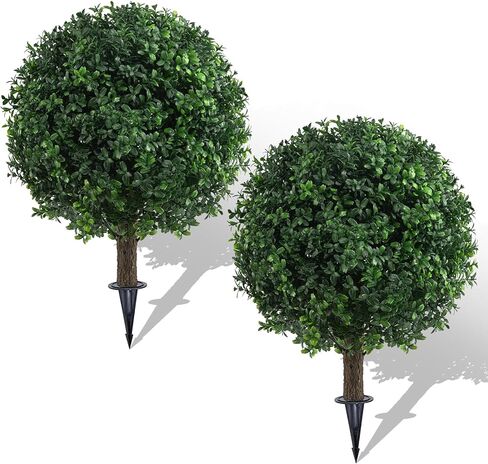 25" Artificial Boxwood Topiary Ball Trees with Daisy Flowers, Set of 2 UV Resistant No Fade Outdoor Faux Plants with Ground Spike, Fake Shrubs for Garden, Patio, Porch, Yard, Indoor Decor in Kuwait