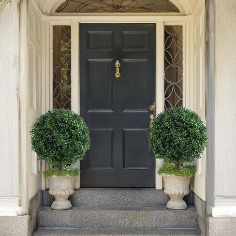 25" Artificial Boxwood Topiary Ball Trees with Daisy Flowers, Set of 2 UV Resistant No Fade Outdoor Faux Plants with Ground Spike, Fake Shrubs for Garden, Patio, Porch, Yard, Indoor Decor in Kuwait