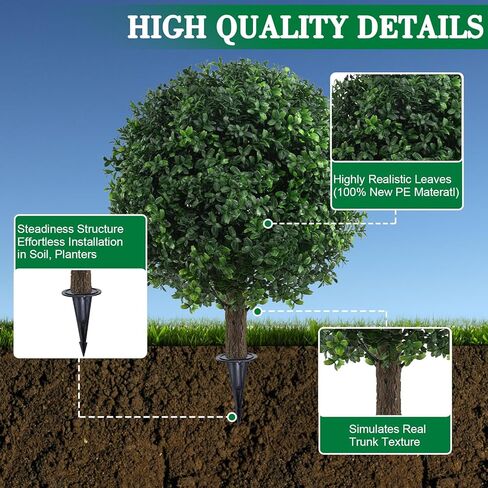 25" Artificial Boxwood Topiary Ball Trees with Daisy Flowers, Set of 2 UV Resistant No Fade Outdoor Faux Plants with Ground Spike, Fake Shrubs for Garden, Patio, Porch, Yard, Indoor Decor in Kuwait