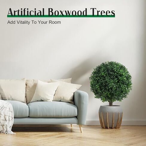 25" Artificial Boxwood Topiary Ball Trees with Daisy Flowers, Set of 2 UV Resistant No Fade Outdoor Faux Plants with Ground Spike, Fake Shrubs for Garden, Patio, Porch, Yard, Indoor Decor in Kuwait