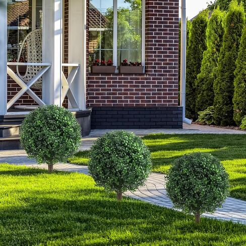 25" Artificial Boxwood Topiary Ball Trees with Daisy Flowers, Set of 2 UV Resistant No Fade Outdoor Faux Plants with Ground Spike, Fake Shrubs for Garden, Patio, Porch, Yard, Indoor Decor in Kuwait