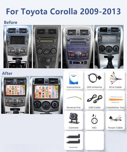 Car Stereo for Toyota Corolla 2009 2010 2011 2012 2013 Radio Android GPS Navigation, Rimoody 9 Inch Touch Screen Bluetooth WiFi Mirror Link FM HiFi SWC Rear View Camera Microphone in Kuwait
