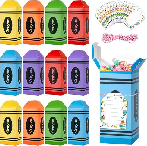 Haooryx Back to School Crayon Treat Boxes with Card - 24Set Colorful Crayon Candy Box with Gift Tag Teacher Appreciation Paper Craft Kit Kindergarten First Day of School Classroom Party Favor Supplies in Saudi Arabia