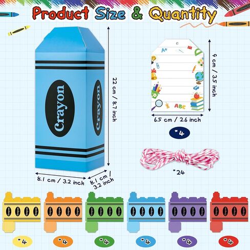 Haooryx Back to School Crayon Treat Boxes with Card - 24Set Colorful Crayon Candy Box with Gift Tag Teacher Appreciation Paper Craft Kit Kindergarten First Day of School Classroom Party Favor Supplies in Saudi Arabia