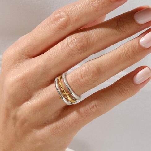 VIBILIA Gold Silver Interlocked Stackable Rings for Women Non Tarnish Dainty Ring Set Cubic Zirconia Stacking Statement Rings Two-Toned Connected Bands Jewelry Gift for Women in Kuwait