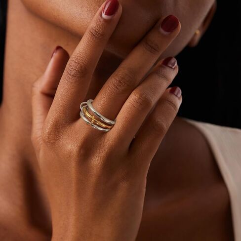 VIBILIA Gold Silver Interlocked Stackable Rings for Women Non Tarnish Dainty Ring Set Cubic Zirconia Stacking Statement Rings Two-Toned Connected Bands Jewelry Gift for Women in Kuwait