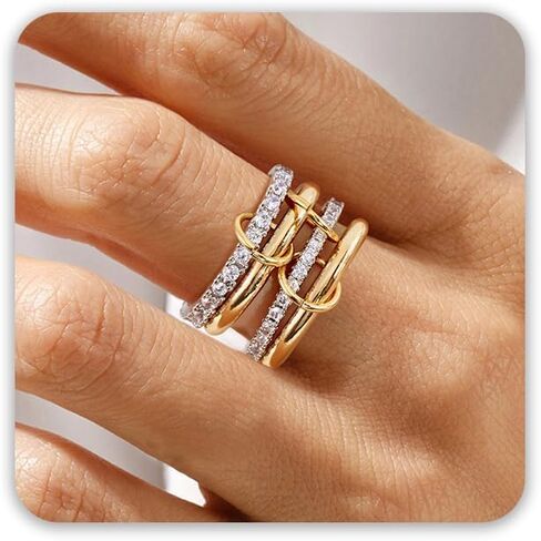 VIBILIA Gold Silver Interlocked Stackable Rings for Women Non Tarnish Dainty Ring Set Cubic Zirconia Stacking Statement Rings Two-Toned Connected Bands Jewelry Gift for Women in Kuwait