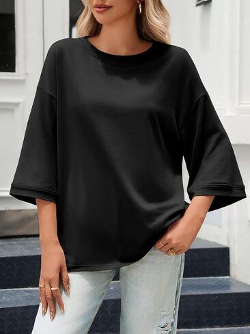 Tankaneo Womens كبير الحجم 3/4 جرس الأكمام tshirts crewneck سقوط قمم TUNIC TUNIC LOOD in Kuwait
