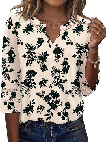 Ivicoer 3/4 Length Sleeve Womens Tops V Neck Lace Embroidered Summer Blouses Loose Fit Tunic Dressy Casual in Saudi Arabia