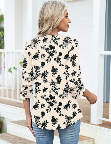 Ivicoer 3/4 Length Sleeve Womens Tops V Neck Lace Embroidered Summer Blouses Loose Fit Tunic Dressy Casual in Saudi Arabia
