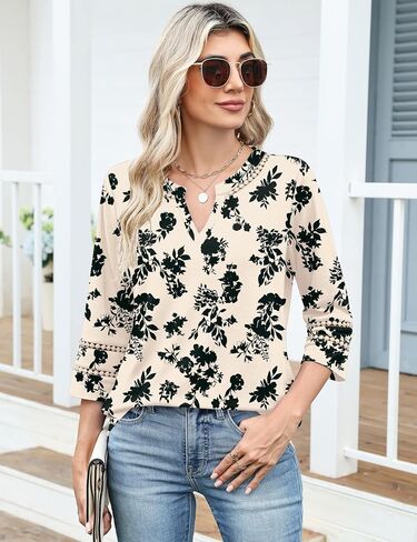 Ivicoer 3/4 Length Sleeve Womens Tops V Neck Lace Embroidered Summer Blouses Loose Fit Tunic Dressy Casual in Saudi Arabia