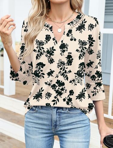 Ivicoer 3/4 Length Sleeve Womens Tops V Neck Lace Embroidered Summer Blouses Loose Fit Tunic Dressy Casual in Saudi Arabia
