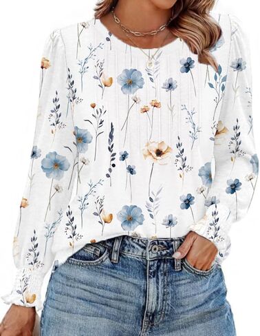 Zeagoo Womens Tops Puff Long Sleeve Shirts Dressy Casual Crew Neck Pleated Summer Fall Work Blouses S-3XL in Kuwait