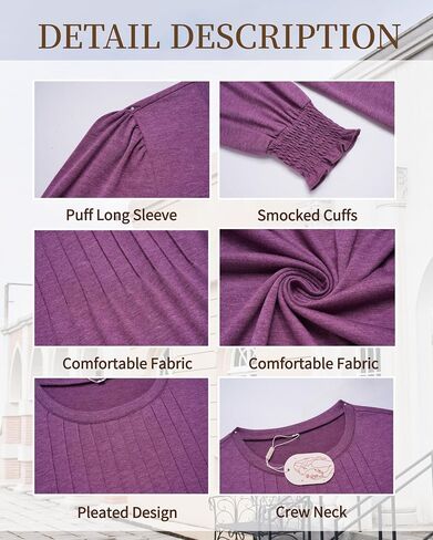 Zeagoo Womens Tops Puff Long Sleeve Shirts Dressy Casual Crew Neck Pleated Summer Fall Work Blouses S-3XL in Saudi Arabia