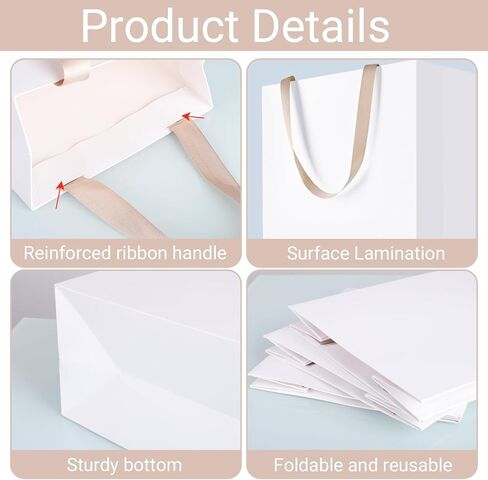 Suituts 12 PCS حقائب هدايا بيضاء مع مقابض الشريط 16 × 6 × 12 بوصة إضافية كبيرة من الأكياس البيضاء للتسوق الأكياس البيضاء في عيد الحب ، والزفاف ، عيد ميلاد ، حفلة ، البيع بالتجزئة in Kuwait