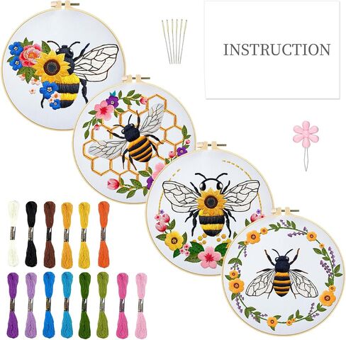 INFUNLY 5 Sets Bird and Flower Embroidery Kits for Beginner DIY Cross Stitch Starter Sets with Instructions Colorful Handmade Needlepoint Kits with Embroidery Cloth Colored Threads Hoops Tools in Kuwait