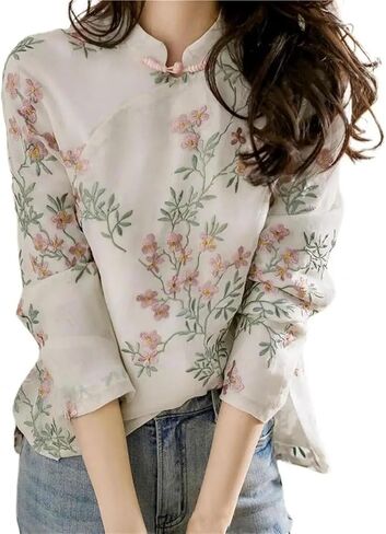 Blouse Soft Women Shirt Chinese Style Long Sleeve Cheongsam Shirt All Match in Kuwait