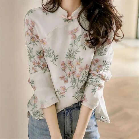 Blouse Soft Women Shirt Chinese Style Long Sleeve Cheongsam Shirt All Match in Kuwait