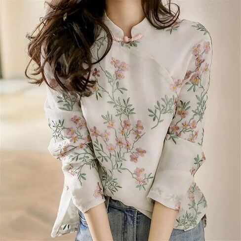 Blouse Soft Women Shirt Chinese Style Long Sleeve Cheongsam Shirt All Match in Kuwait