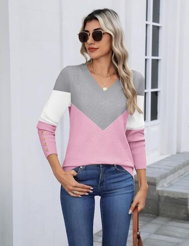 Zeagoo Womens V Neck Sweaters Shirts Long Sleeve Lightweight Ribbed Knit Pullover Sweater Blouse Tops with Buttons Oufits in Saudi Arabia