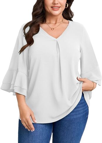 SCOMCHIC Plus Size Blouses for Women Dressy Casual 3/4 Tiered Bell Sleeve V Neck Elegant Shirts Work Tunic Tops in Saudi Arabia
