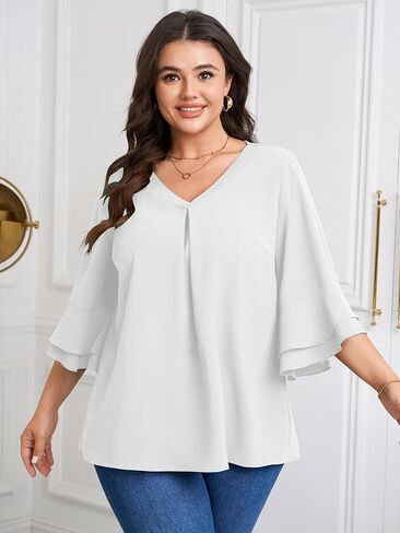 SCOMCHIC Plus Size Blouses for Women Dressy Casual 3/4 Tiered Bell Sleeve V Neck Elegant Shirts Work Tunic Tops in Saudi Arabia