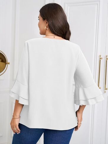 SCOMCHIC Plus Size Blouses for Women Dressy Casual 3/4 Tiered Bell Sleeve V Neck Elegant Shirts Work Tunic Tops in Saudi Arabia