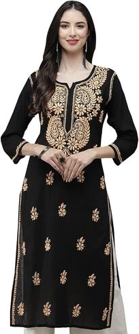 Ada Straight Cotton Kurta التقليدية الهندية المصنوعة يدويًا تشيكانكاري تونك كورتي للنساء A411191 in Kuwait