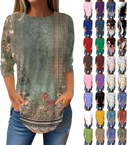 3/4 Length Sleeve Womens Tops 2025 Loose Fit Crew Neck Oversized Long Shirts Three Quarter Sleeve Casual Tee Shirts in Saudi Arabia