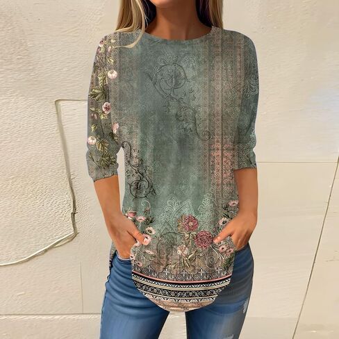 3/4 Length Sleeve Womens Tops 2025 Loose Fit Crew Neck Oversized Long Shirts Three Quarter Sleeve Casual Tee Shirts in Saudi Arabia