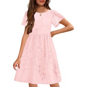 MITILLY Summer Flower Girl Dress Elegant Short Sleeve Crew Neck A Line Short Boho Dresses for Kids with Pockets 6-12 Years in Saudi Arabia