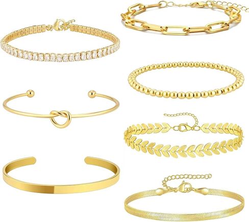 7PCS Gold Bracelets for Women, 14K Gold Plated Bangle Cubic Zirconia Cuff Bracelet Set with Adjustable Chain, Beaded Bracelets Jewelry Gift for Women Trendy in Saudi Arabia
