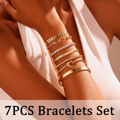 7PCS Gold Bracelets for Women, 14K Gold Plated Bangle Cubic Zirconia Cuff Bracelet Set with Adjustable Chain, Beaded Bracelets Jewelry Gift for Women Trendy in Saudi Arabia