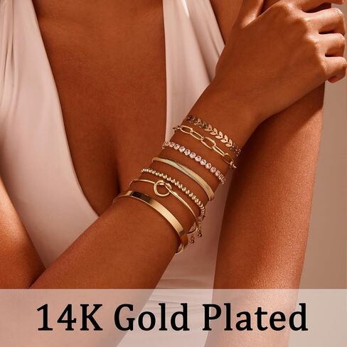 7PCS Gold Bracelets for Women, 14K Gold Plated Bangle Cubic Zirconia Cuff Bracelet Set with Adjustable Chain, Beaded Bracelets Jewelry Gift for Women Trendy in Saudi Arabia
