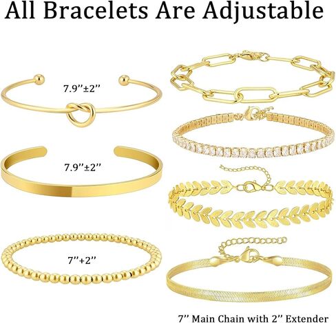 7PCS Gold Bracelets for Women, 14K Gold Plated Bangle Cubic Zirconia Cuff Bracelet Set with Adjustable Chain, Beaded Bracelets Jewelry Gift for Women Trendy in Saudi Arabia
