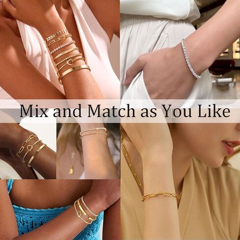 7PCS Gold Bracelets for Women, 14K Gold Plated Bangle Cubic Zirconia Cuff Bracelet Set with Adjustable Chain, Beaded Bracelets Jewelry Gift for Women Trendy in Saudi Arabia