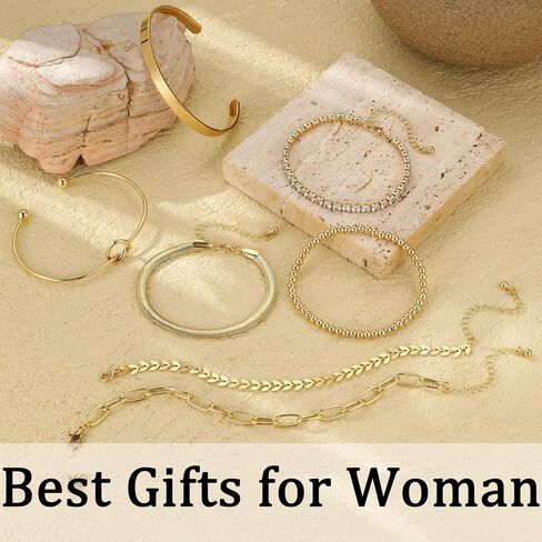 7PCS Gold Bracelets for Women, 14K Gold Plated Bangle Cubic Zirconia Cuff Bracelet Set with Adjustable Chain, Beaded Bracelets Jewelry Gift for Women Trendy in Saudi Arabia