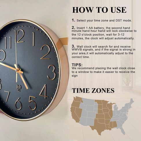 الوقت الذري التناظرية ساعة الحائط | 12 "إطار مطلي بالذهب ومصقول ، يضع الوقت تلقائيًا | حركة الكوارتز | تشغيل البطارية | التصميم الكلاسيكي (أسود) in Kuwait