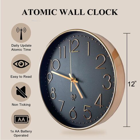 الوقت الذري التناظرية ساعة الحائط | 12 "إطار مطلي بالذهب ومصقول ، يضع الوقت تلقائيًا | حركة الكوارتز | تشغيل البطارية | التصميم الكلاسيكي (أسود) in Kuwait