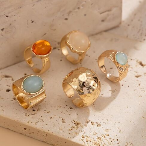 Gold Rings for Women Non Tarnish Unique Chunky Gem Stone Stackable Knuckle Ring Set Vintage Funky Stack Open Jewelry Rave Rock Accessories Pack in Saudi Arabia